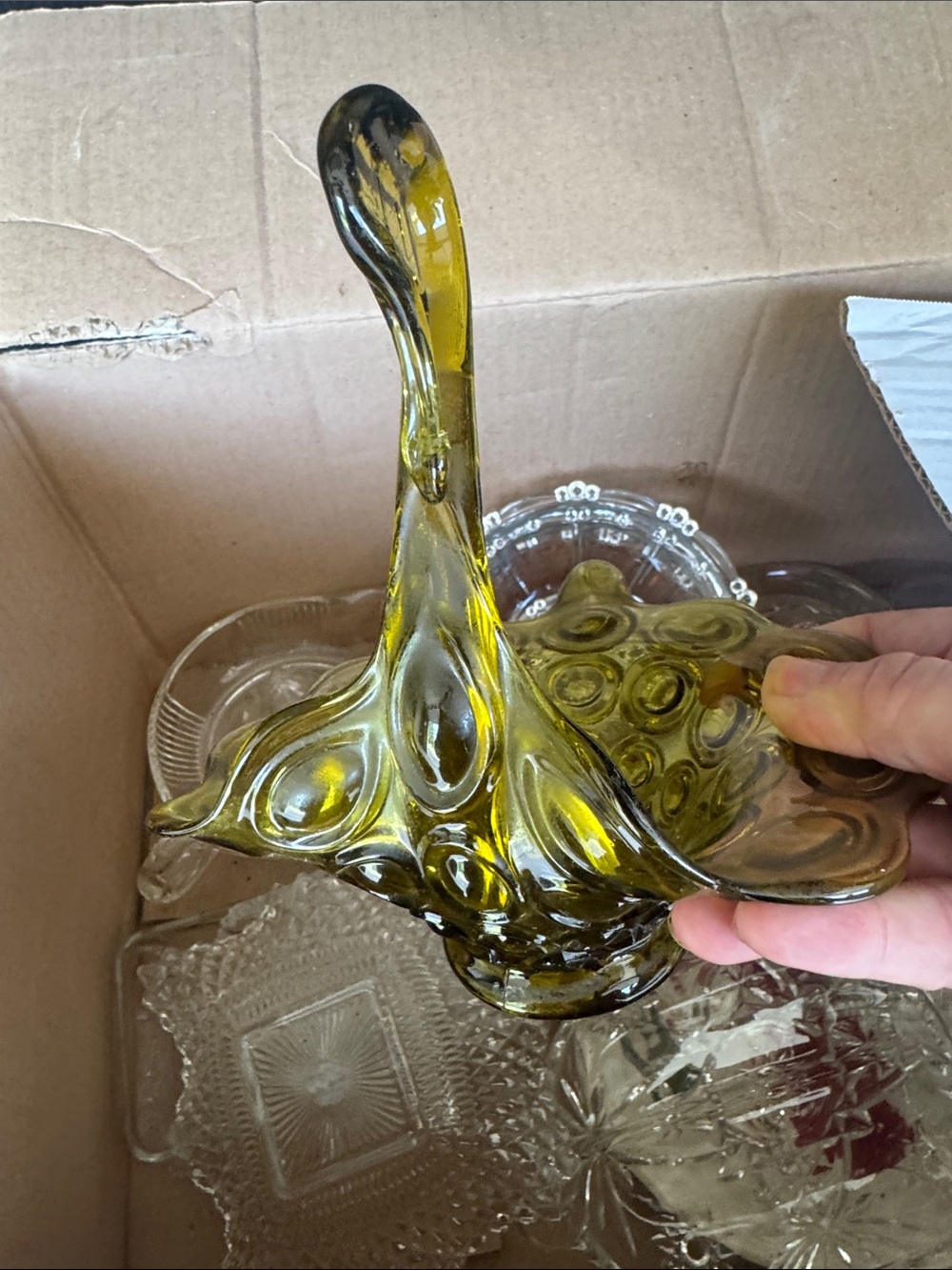 Olive Green Art Glass Centerpiece Bowl - Decorative Home Art